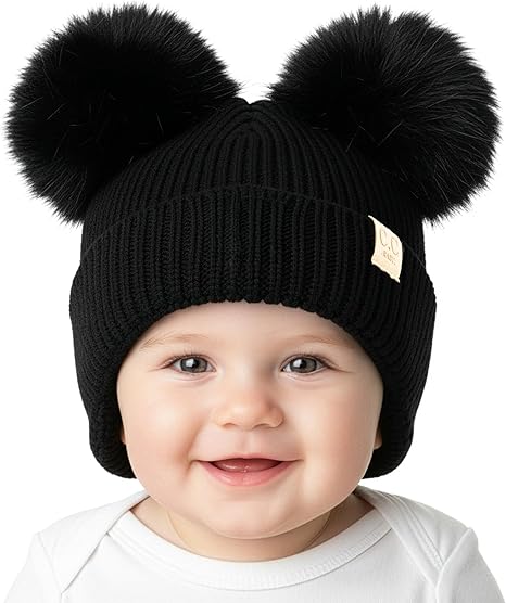 Infant Double Pom Faux Fur Earflap Beanie - Black
