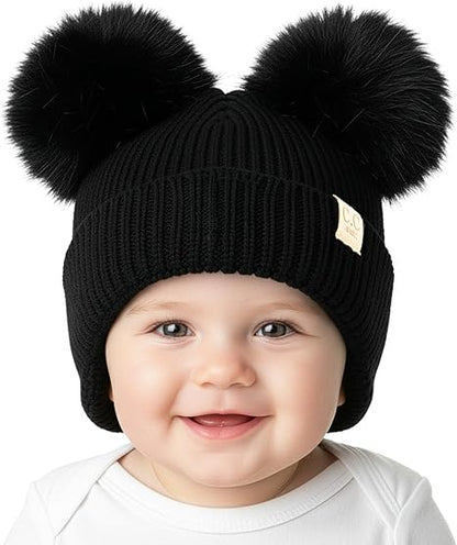 Infant Double Pom Faux Fur Earflap Beanie - Black