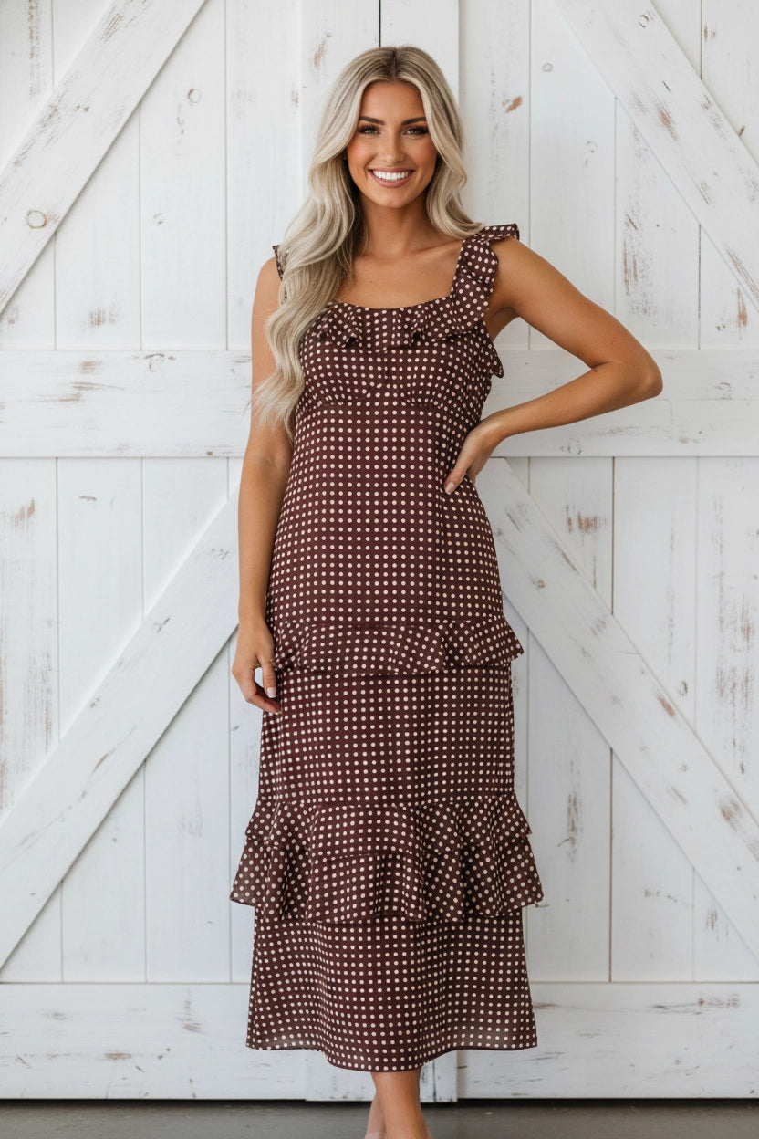 Brown Backless Ruffle Tiered Maxi