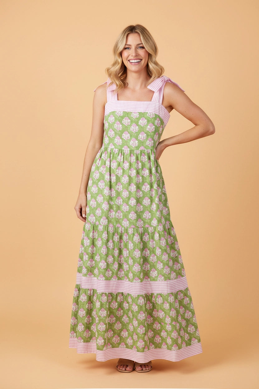 Green & Pink Floral Stripe Maxi Dress