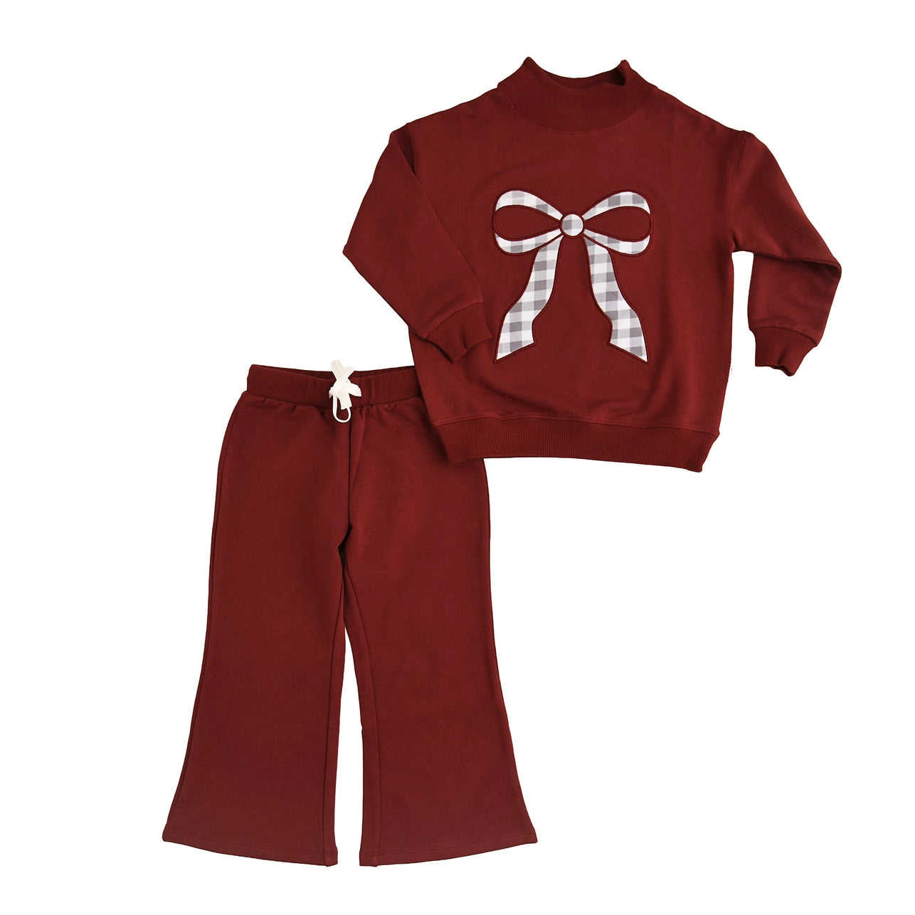 Maroon Gingham Bow Mock Neck Flare Set