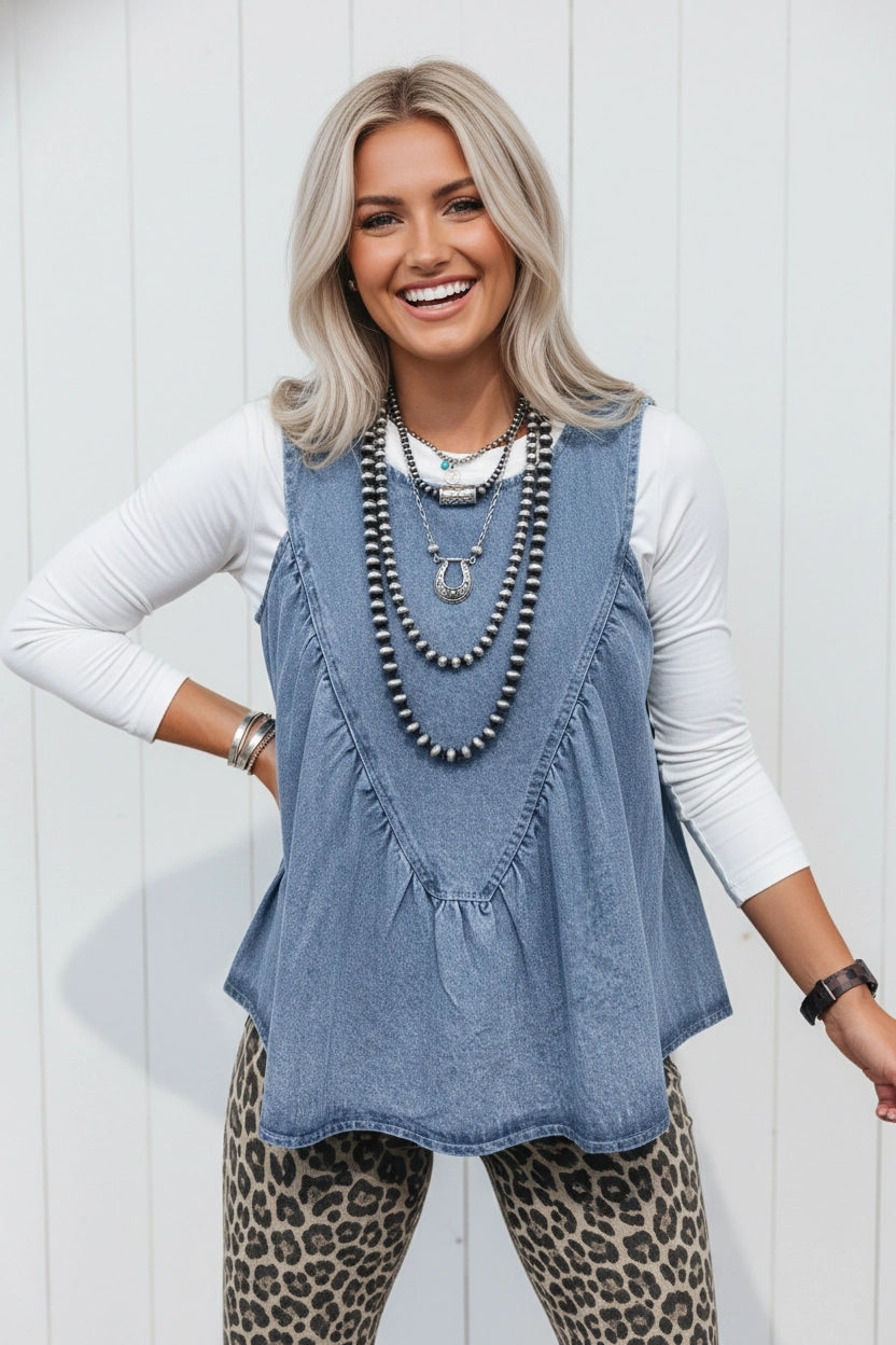 Denim Pleated Sleeveless Top