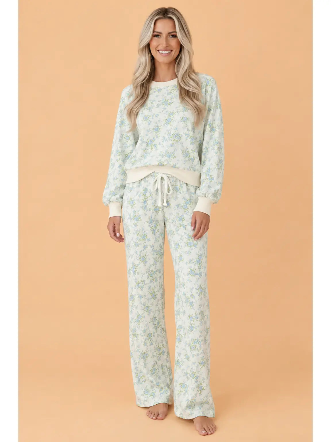 Sky Blue Floral Top & Wide Leg Pants Set
