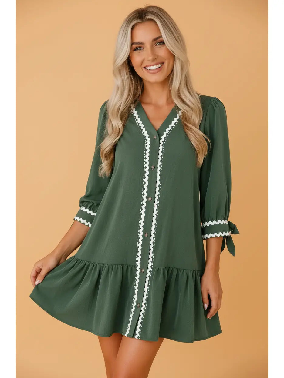 Green Ricrac 3/4 Sleeve Dress