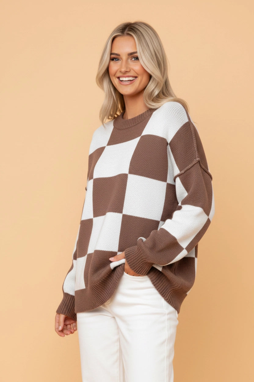 Brown Checker Exposed Seam Drop Shoulder Sweater
