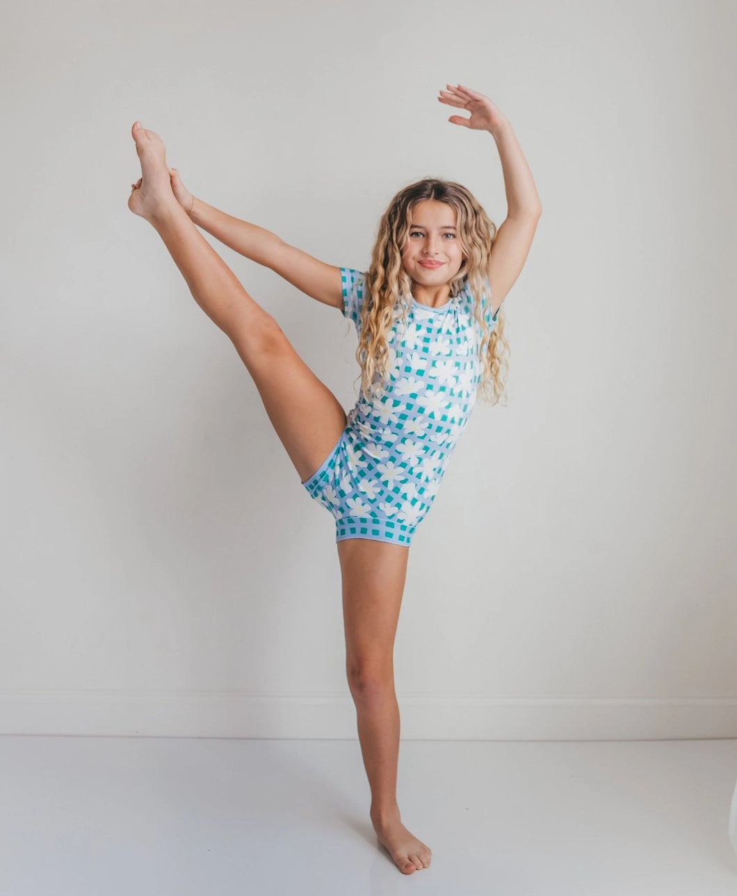 Green Blue Daisy Check Leotard