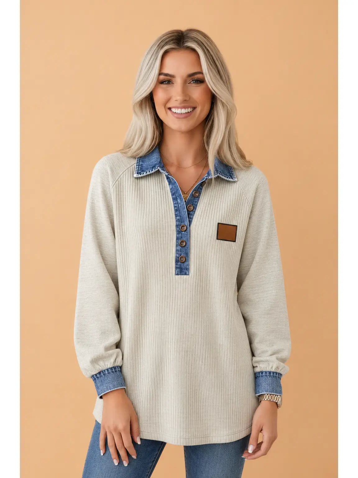 Denim Patchwork Collared Ribbed Top