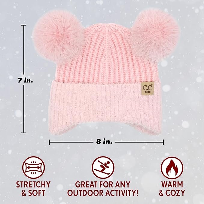 Toddler/Kids Double Pom Chenille Earflap Beanie - Pink