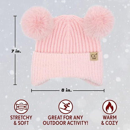 Toddler/Kids Double Pom Chenille Earflap Beanie - Pink