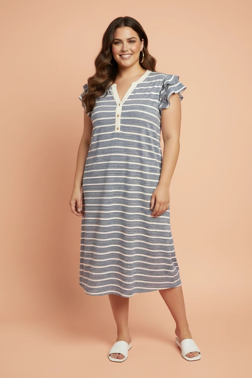 Stripe Ruffle Sleeve Button Dress - Curvy