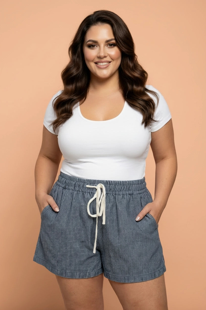 Stripe Denim Drawstring Shorts - Curvy