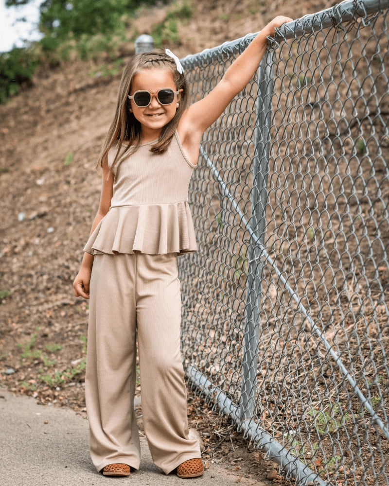 Oatmilk Peplum Two-Piece Wide Leg Set