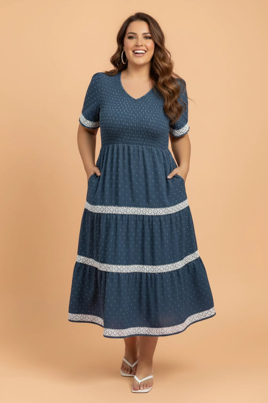 Dusk Blue Swiss Dot Midi Dress - Curvy
