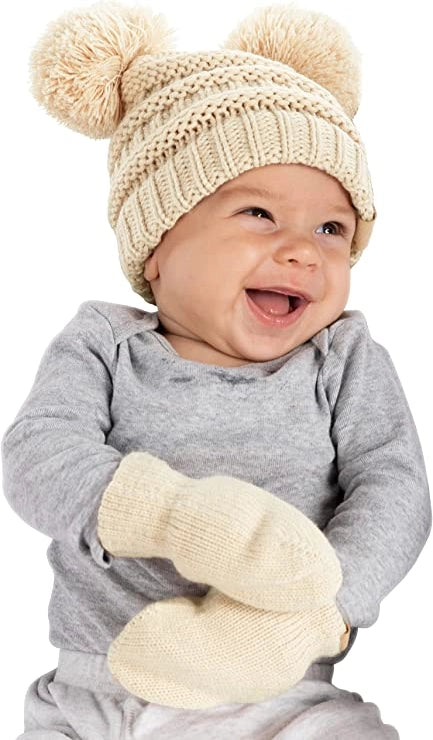 Infant Double Pom Beanie & Mittens Set - Beige