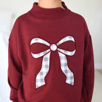 Maroon Gingham Bow Mock Neck Flare Set
