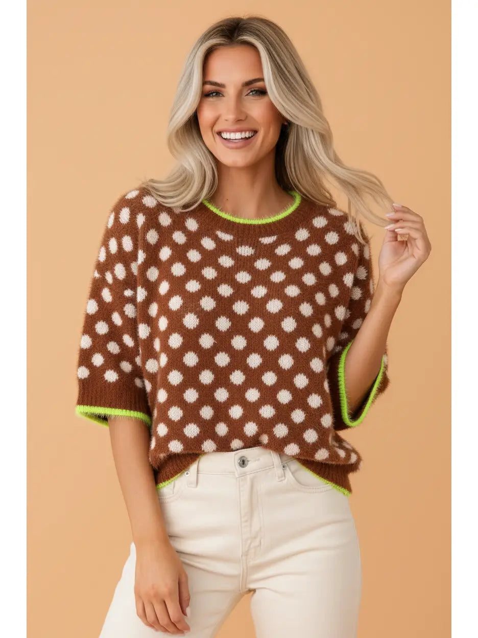 Brown Polka Dot Neon Trim Short Sleeve Sweater