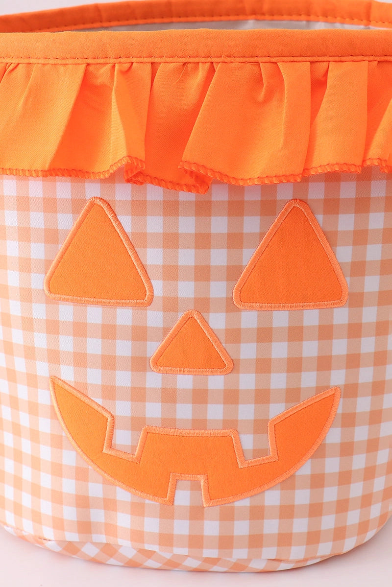 Orange Pumpkin Appliqué Gingham Ruffle Basket