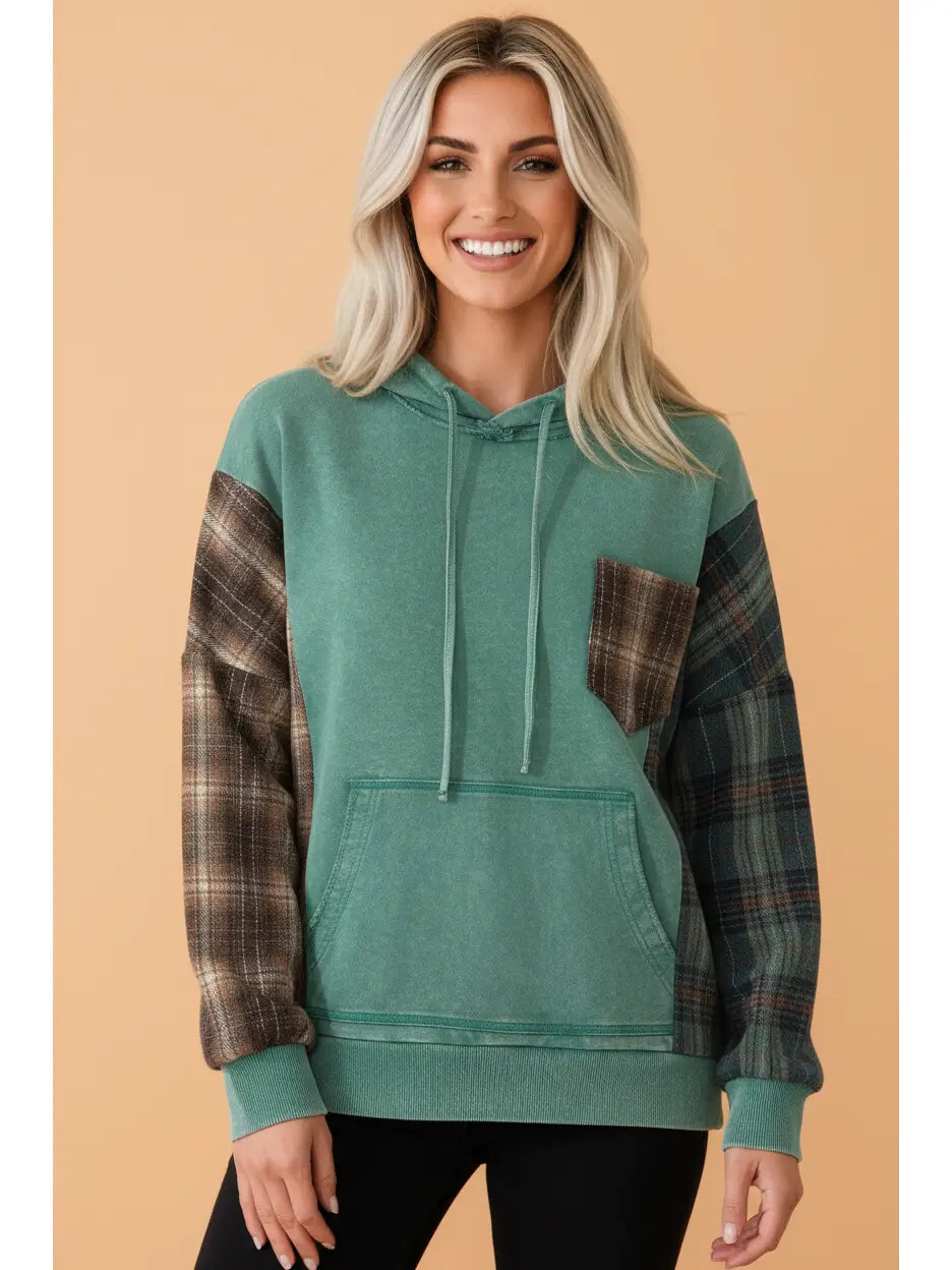 Plaid Patchwork Mineral Wash Hoodie
