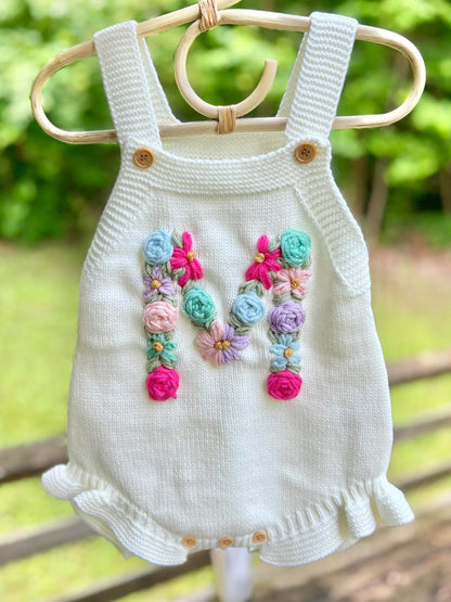 Hand Embroidered Floral Initial Romper