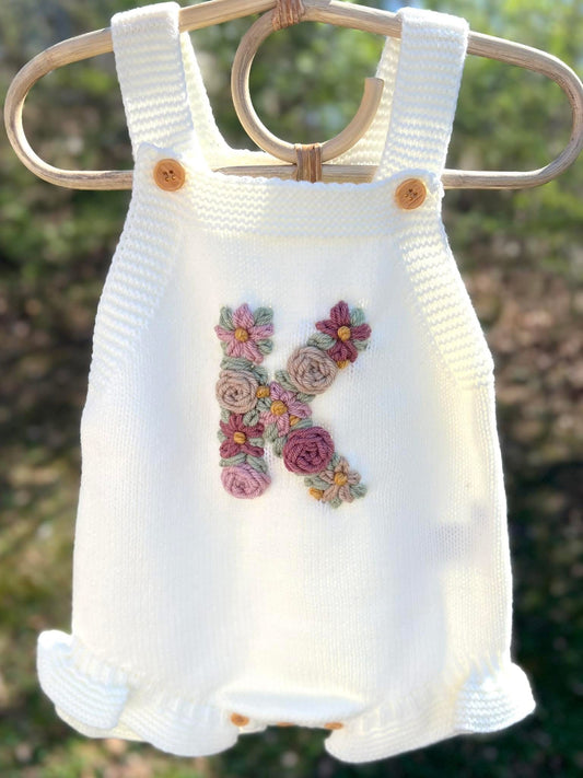 Hand Embroidered Floral Initial Romper