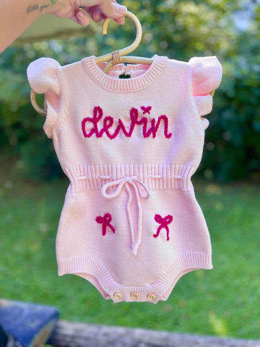 Hand Embroidered Name & Bows Romper