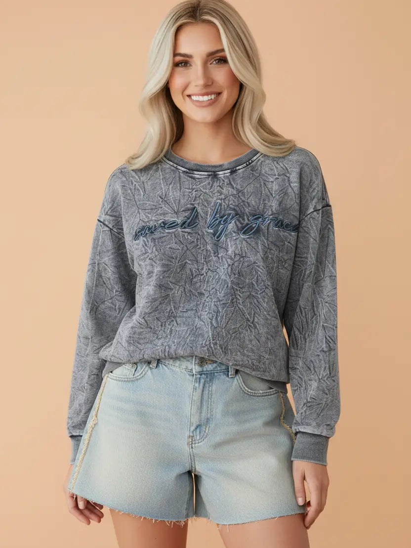 Acid Grey Saved By Grace Embroidered Sweatshirt