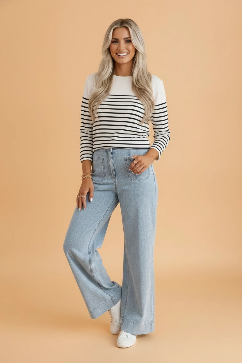 Wide Leg Denim Patch Pocket Jeans