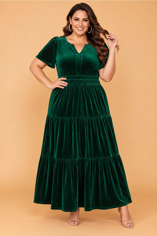 Deep Green Velvet Tiered Maxi Dress - Curvy