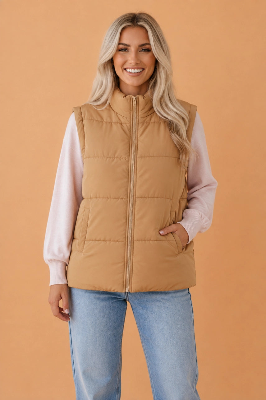 Khaki Zip Up Puffer Vest