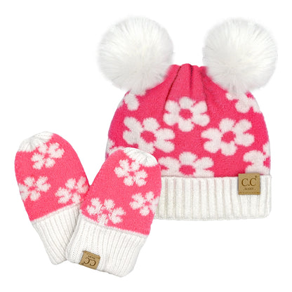 Infant Double Pom Beanie/Mittens Set - Candy Pink Daisy