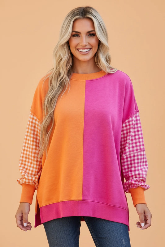 Pink & Orange Colorblock Gingham Sweatshirt