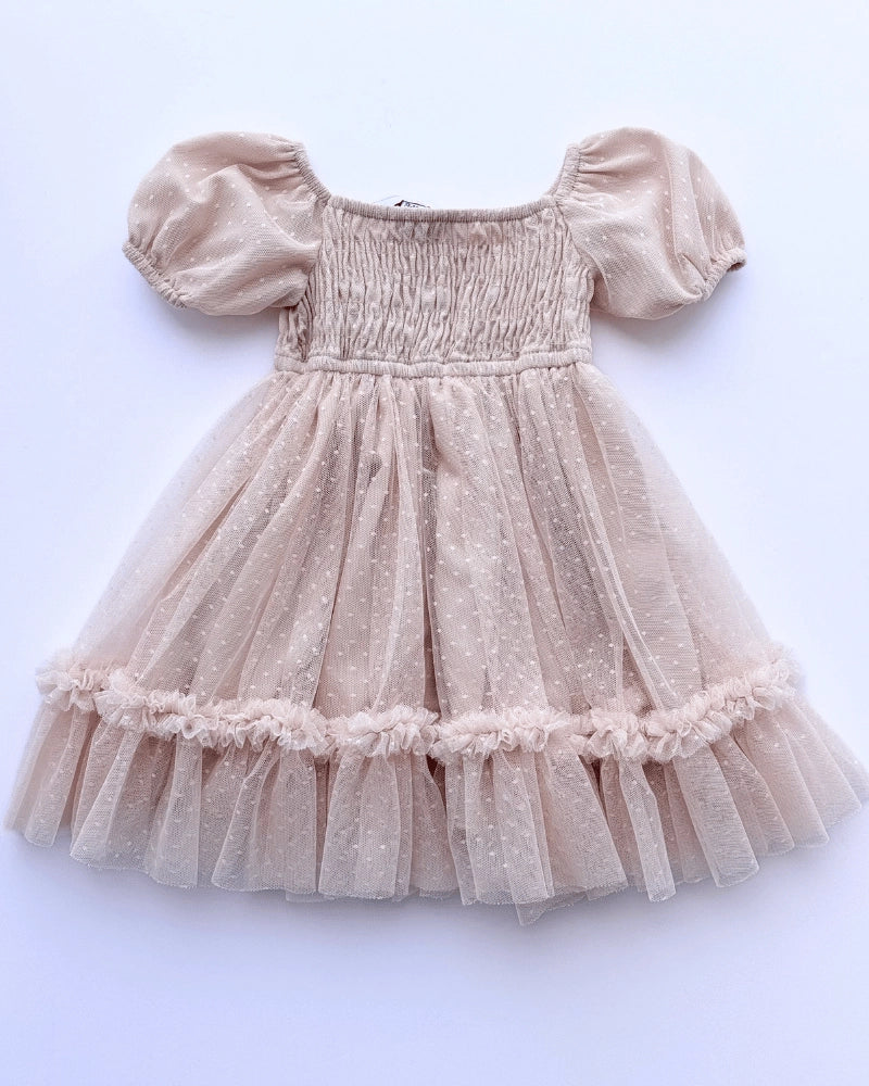 Champagne Smocked Dots Tulle Dress