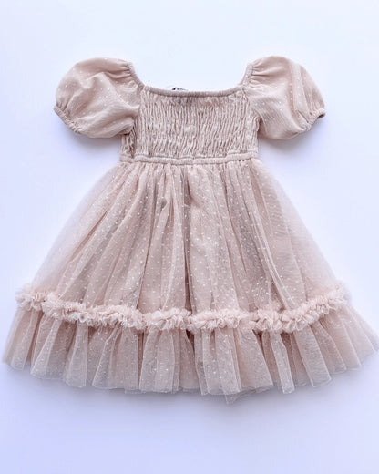 Champagne Smocked Dots Tulle Dress