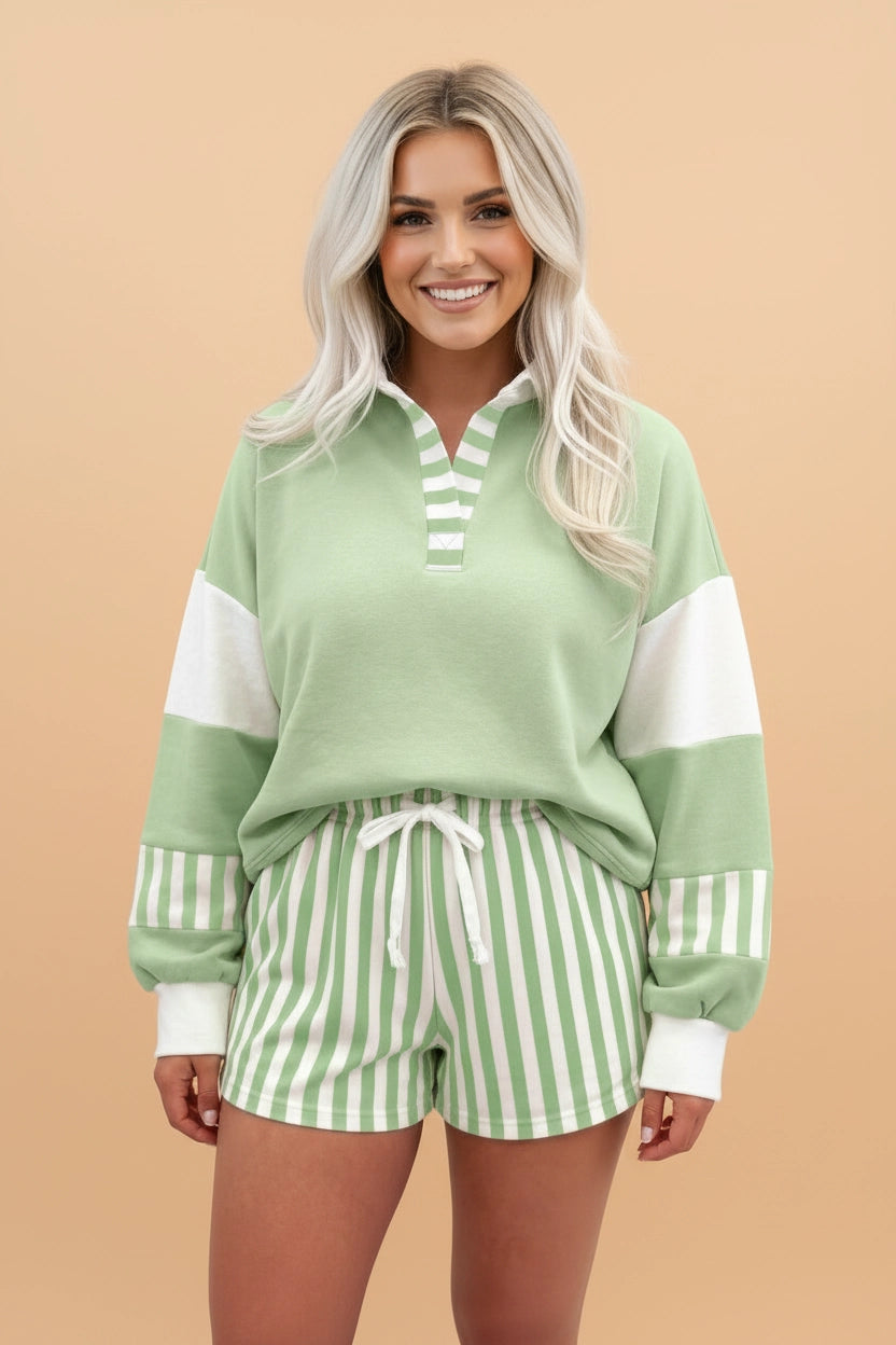 Lime Stripe Colorblock Top & Drawstring Shorts Set