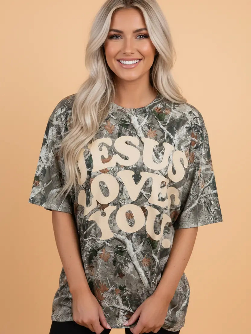 Camo Jesus Loves You Graphic T-Shirt