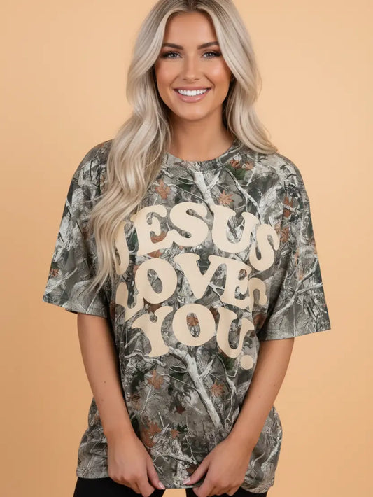 Camo Jesus Loves You Graphic T-Shirt