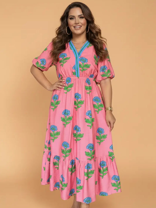 Salmon & Blue Floral Stripe Maxi Dress- Curvy