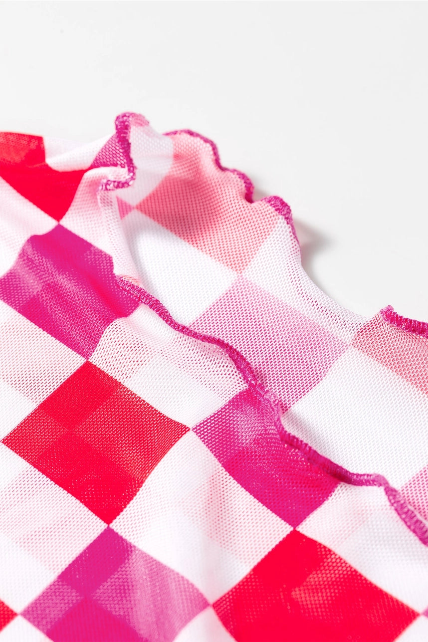 Pink & Red Checkered Mesh Top