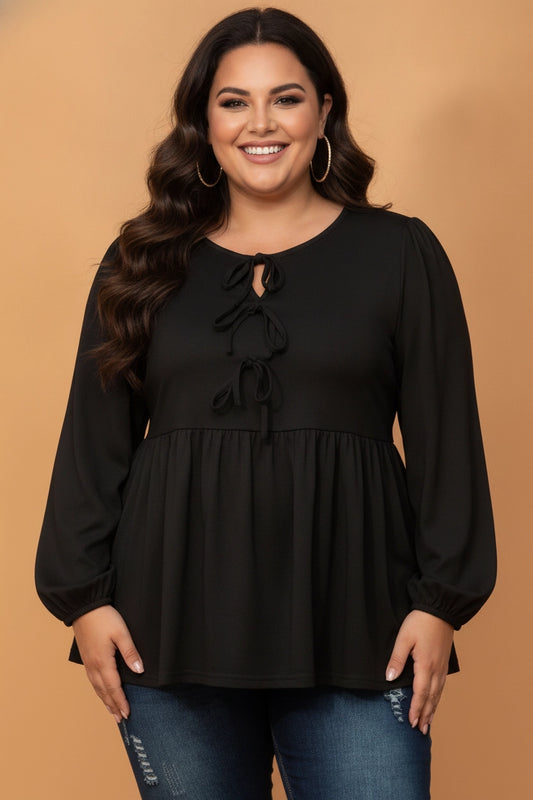 Black Bow Tie Front Blouse - Curvy