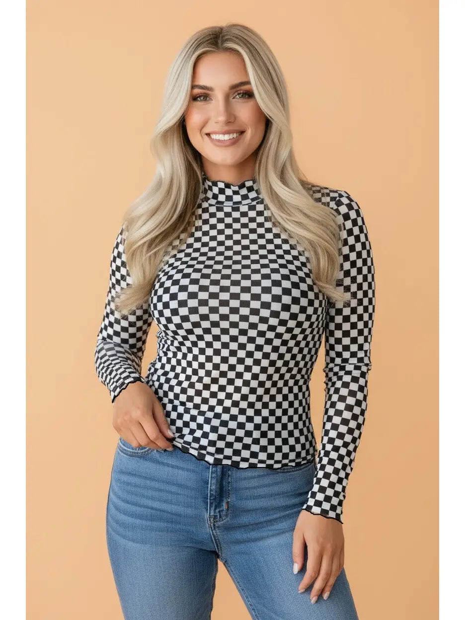 Checkered Long Sleeve Mesh Top