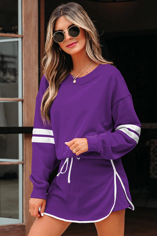 Varsity Stripe Pullover & Skirt Set - Purple