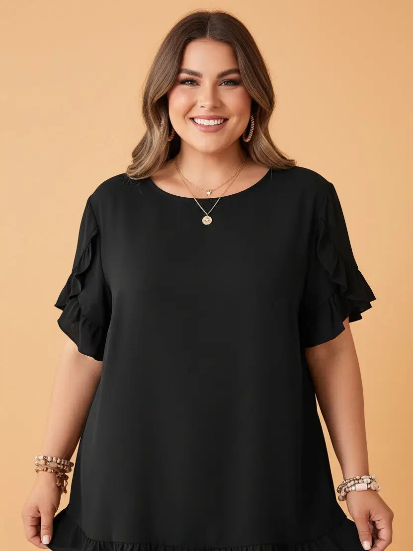 Black Ruffle Trim Top - Curvy