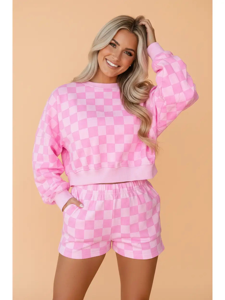 Bright Pink Checkered Crew Crop Top & Shorts Set