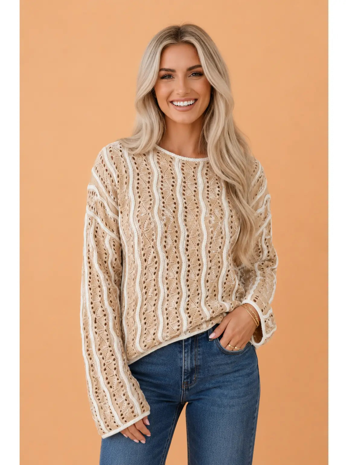Wavy Pointelle Knit Long Sleeve Sweater