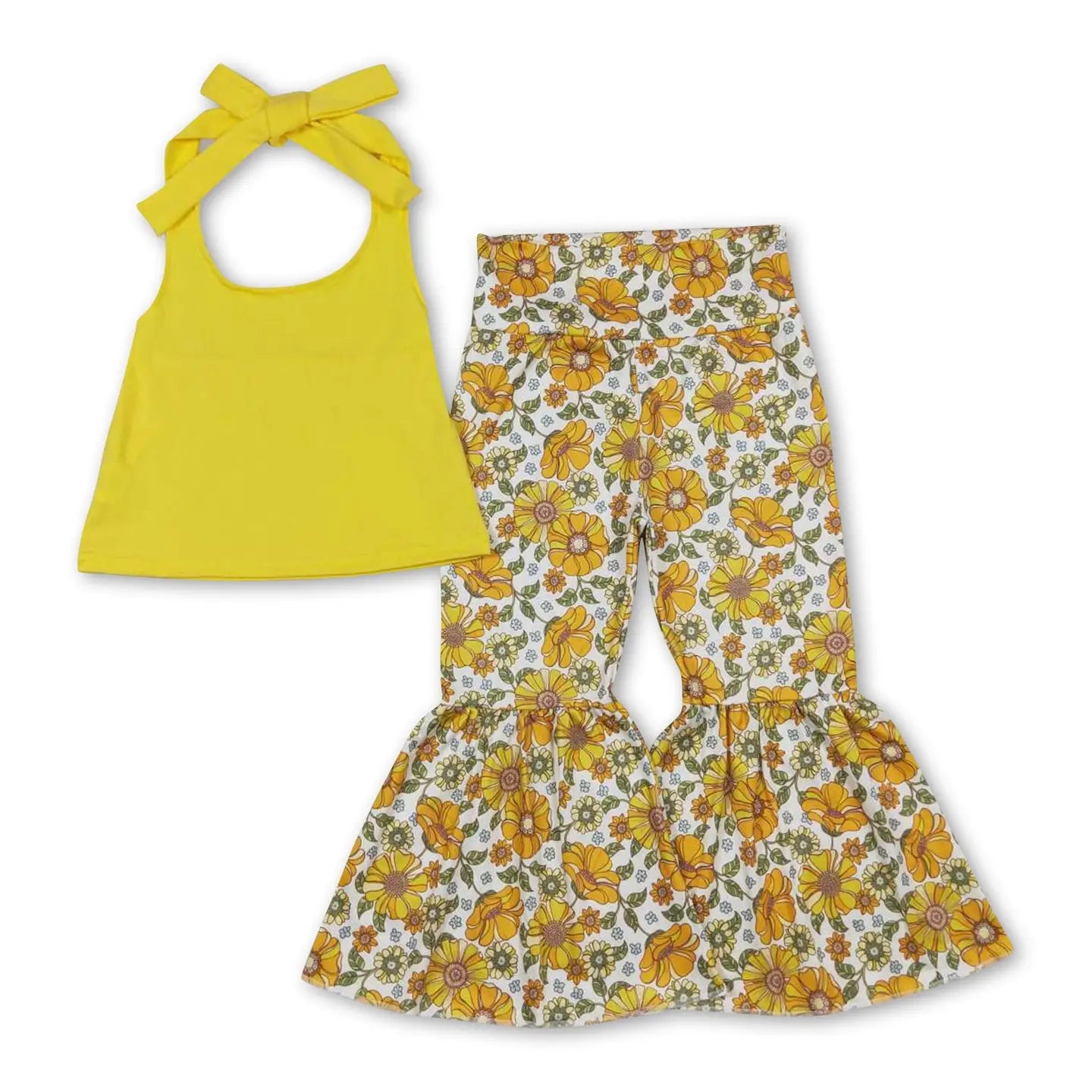 PREO: Yellow Floral Halter & Bell Bottom Set