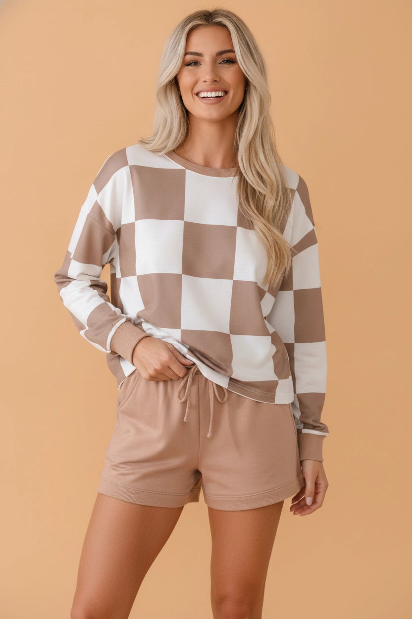 Brown Checker Long Sleeve Top & Shorts Set