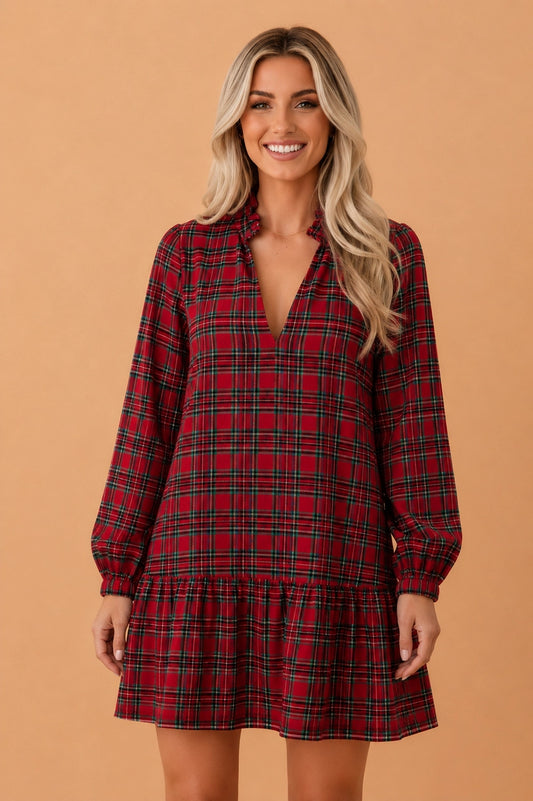 Red Plaid Drop Waist Dress