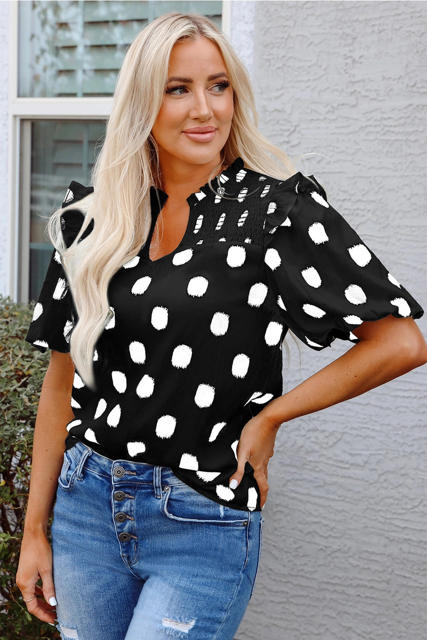 Black Polka Dot Balloon Sleeve Blouse