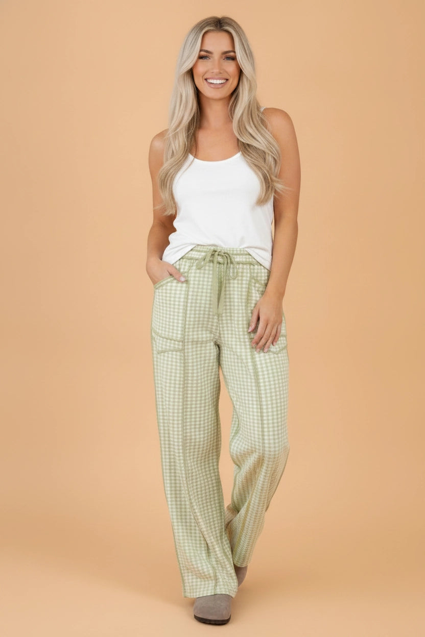 Green Gingham Exposed Seam Elastic Waist Pants