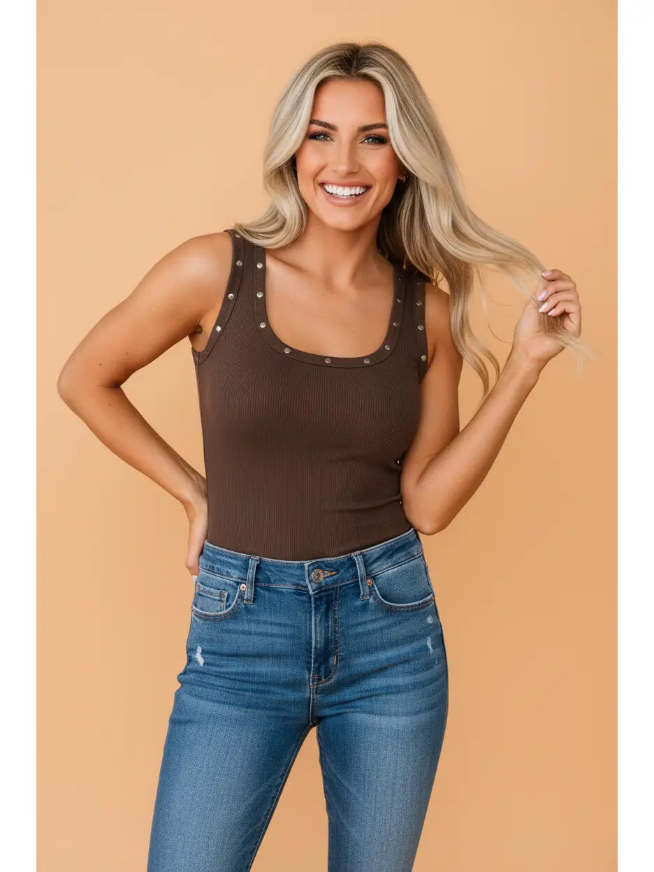 Brown Studded Scoop Neck Ribbed Tank